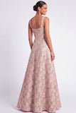 Pink and Green Floral A Line Square Neck Maxi Wedding Guest Dress
