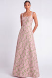 Pink and Green Floral A Line Square Neck Maxi Wedding Guest Dress