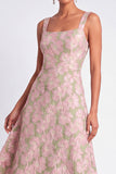 Pink and Green Floral A Line Square Neck Maxi Wedding Guest Dress