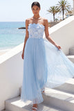 Light Blue Strapless Appliqued Pleated Maxi Beach Wedding Guest Dress