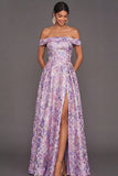 Lilac A Line Floral Jacquard Maxi Wedding Guest Dress with Slit