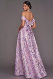 Lilac A Line Floral Jacquard Maxi Wedding Guest Dress with Slit