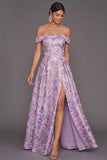 Lilac A Line Floral Jacquard Maxi Wedding Guest Dress with Slit