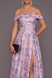 Lilac A Line Floral Jacquard Maxi Wedding Guest Dress with Slit