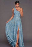 Blue A Line Floral One Shoulder Maxi Wedding Guest Dress with Slit