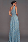 Blue A Line Floral One Shoulder Maxi Wedding Guest Dress with Slit