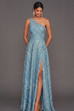 Blue A Line Floral One Shoulder Maxi Wedding Guest Dress with Slit