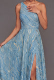 Blue A Line Floral One Shoulder Maxi Wedding Guest Dress with Slit