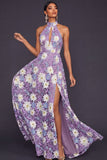 Lilac A Line Floral Keyhole Lace Maxi Wedding Guest Dress with Slit