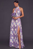 Lilac A Line Floral Keyhole Lace Maxi Wedding Guest Dress with Slit