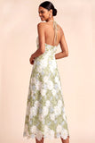 Light Green A Line Floral Halter Lace Midi Wedding Guest Dress