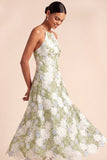 Light Green A Line Floral Halter Lace Midi Wedding Guest Dress