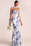Blue Floral Mermaid Strapless Neck Scarf Basque Waist Maxi Wedding Guest Dress