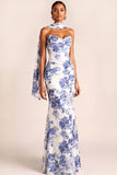 Blue Floral Mermaid Strapless Neck Scarf Basque Waist Maxi Wedding Guest Dress