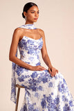 Blue Floral Mermaid Strapless Neck Scarf Basque Waist Maxi Wedding Guest Dress