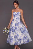 Blue A Line Floral Sweetheart Midi Summer Wedding Guest Dress