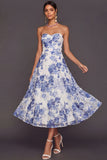 Blue A Line Floral Sweetheart Midi Summer Wedding Guest Dress