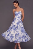 Blue A Line Floral Sweetheart Midi Summer Wedding Guest Dress