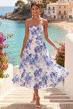 Blue A Line Floral Sweetheart Midi Summer Wedding Guest Dress