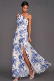 Blue Floral A Line One Shoulder Maxi Wedding Guest Dress with Slit