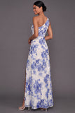 Blue Floral A Line One Shoulder Maxi Wedding Guest Dress with Slit