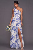 Blue Floral A Line One Shoulder Maxi Wedding Guest Dress with Slit