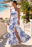 Blue Floral A Line One Shoulder Maxi Wedding Guest Dress with Slit