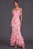 Pink Floral Mermaid Spaghetti Straps Ruffled Maxi Wedding Guest Dress