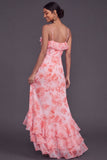 Pink Floral Mermaid Spaghetti Straps Ruffled Maxi Wedding Guest Dress