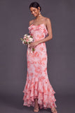 Pink Floral Mermaid Spaghetti Straps Ruffled Maxi Wedding Guest Dress