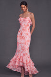 Pink Floral Mermaid Spaghetti Straps Ruffled Maxi Wedding Guest Dress