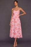 Pink Floral Sweetheart A Line Midi Summer Wedding Guest Dress