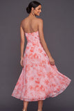 Pink Floral Sweetheart A Line Midi Summer Wedding Guest Dress