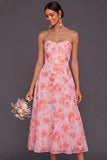 Pink Floral Sweetheart A Line Midi Summer Wedding Guest Dress