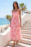 Pink Floral Sweetheart A Line Midi Summer Wedding Guest Dress