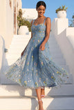 Grey Blue Floral Midi A Line Embroidered Wedding Guest Dress