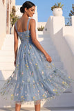 Grey Blue Floral Midi A Line Embroidered Wedding Guest Dress