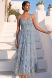 Grey Blue Floral Midi A Line Embroidered Wedding Guest Dress