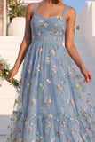 Grey Blue Floral Midi A Line Embroidered Wedding Guest Dress