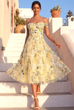 Light Yellow Floral Embroidered A Line Midi Summer Wedding Guest Dress