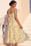Light Yellow Floral Embroidered A Line Midi Summer Wedding Guest Dress