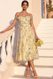 Light Yellow Floral Embroidered A Line Midi Summer Wedding Guest Dress