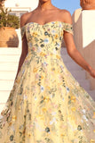 Light Yellow Floral Embroidered A Line Midi Summer Wedding Guest Dress
