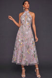 Mauve Floral Embroidered Keyhole A Line Midi Summer Wedding Guest Dress