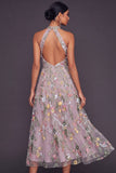 Mauve Floral Embroidered Keyhole A Line Midi Summer Wedding Guest Dress