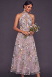 Mauve Floral Embroidered Keyhole A Line Midi Summer Wedding Guest Dress