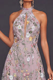 Mauve Floral Embroidered Keyhole A Line Midi Summer Wedding Guest Dress