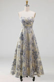 Dusty Blue Jacquard Sweetheart A Line Midi Summer Wedding Guest Dress