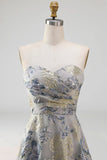Dusty Blue Jacquard Sweetheart A Line Midi Summer Wedding Guest Dress