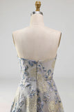Dusty Blue Jacquard Sweetheart A Line Midi Summer Wedding Guest Dress
